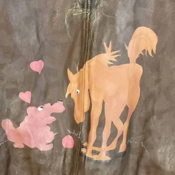 Leather Jacket Women's Large? Brown Zip Front Hand Painted Horses Modified - Picture 9 of 16